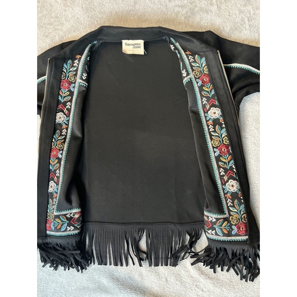 Savannah Jane Black Sued Fring Zip Up Jacket Floral Embroidery Boho Womens Large - Picture 5 of 8
